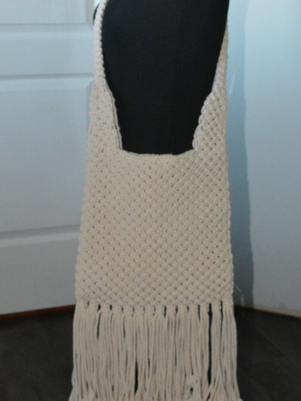 Handmade Cream Macrame Fringe Crossbody Bag 11x11 inch